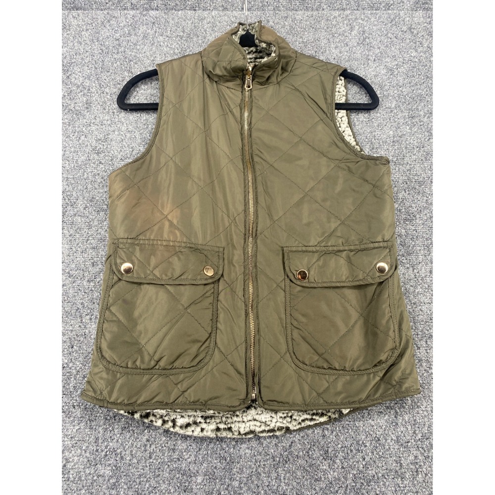 Quilted Puffer Vest Women Small Olive Green Shearling Lined Full Zip Pockets